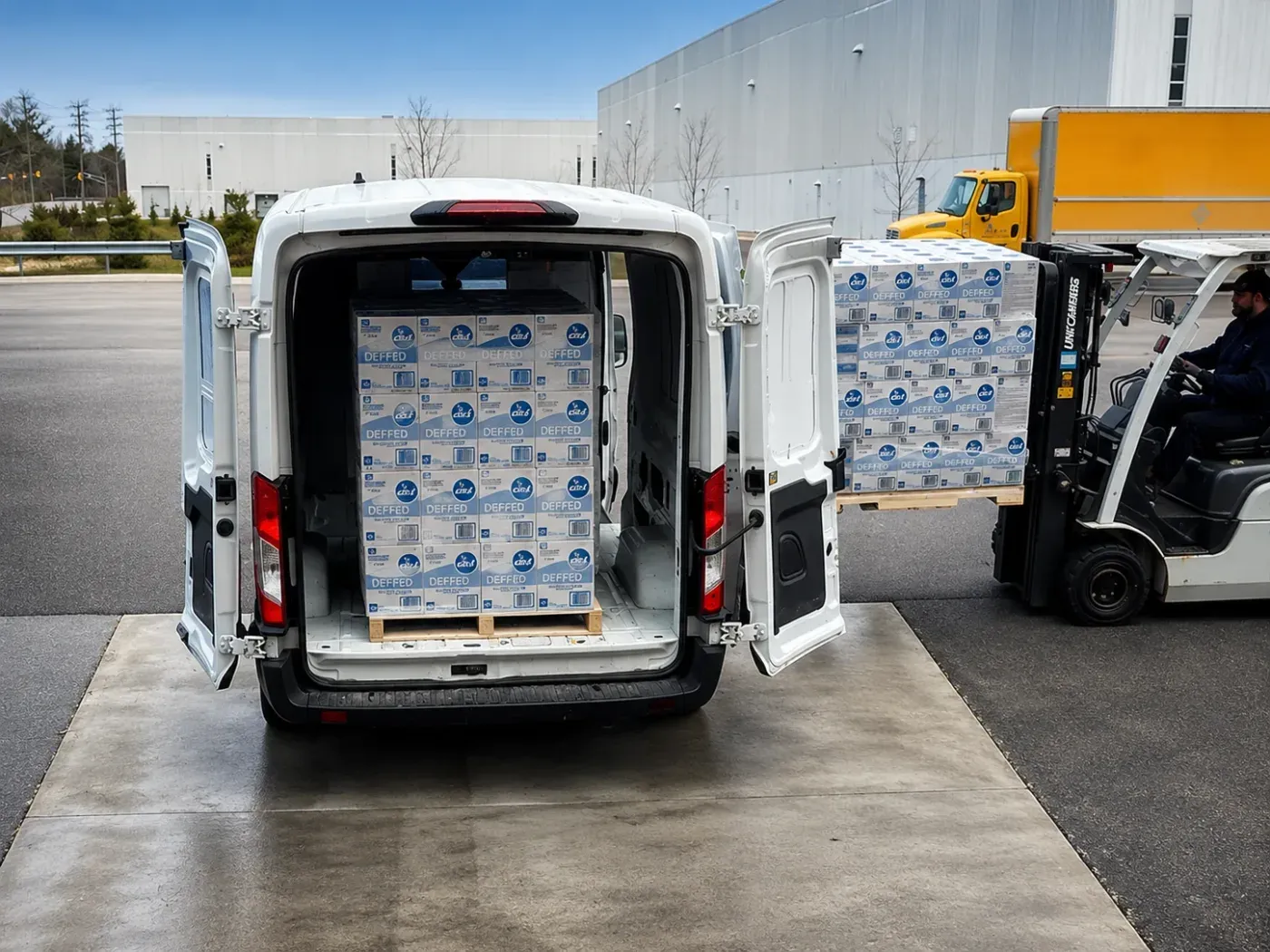 DEF pallets being loaded into a delivery van with forklift support