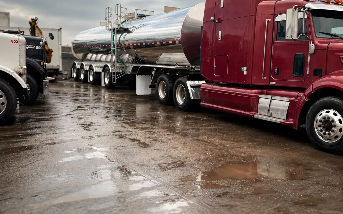 Eco Fleet tanker delivering at an active trucking yard